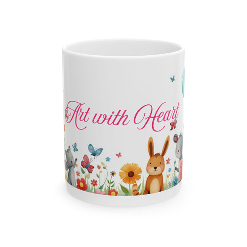 Ceramic Mug - 'Art with Heart' Floral Bunny Easter Coffee Cup (11oz/15oz)
