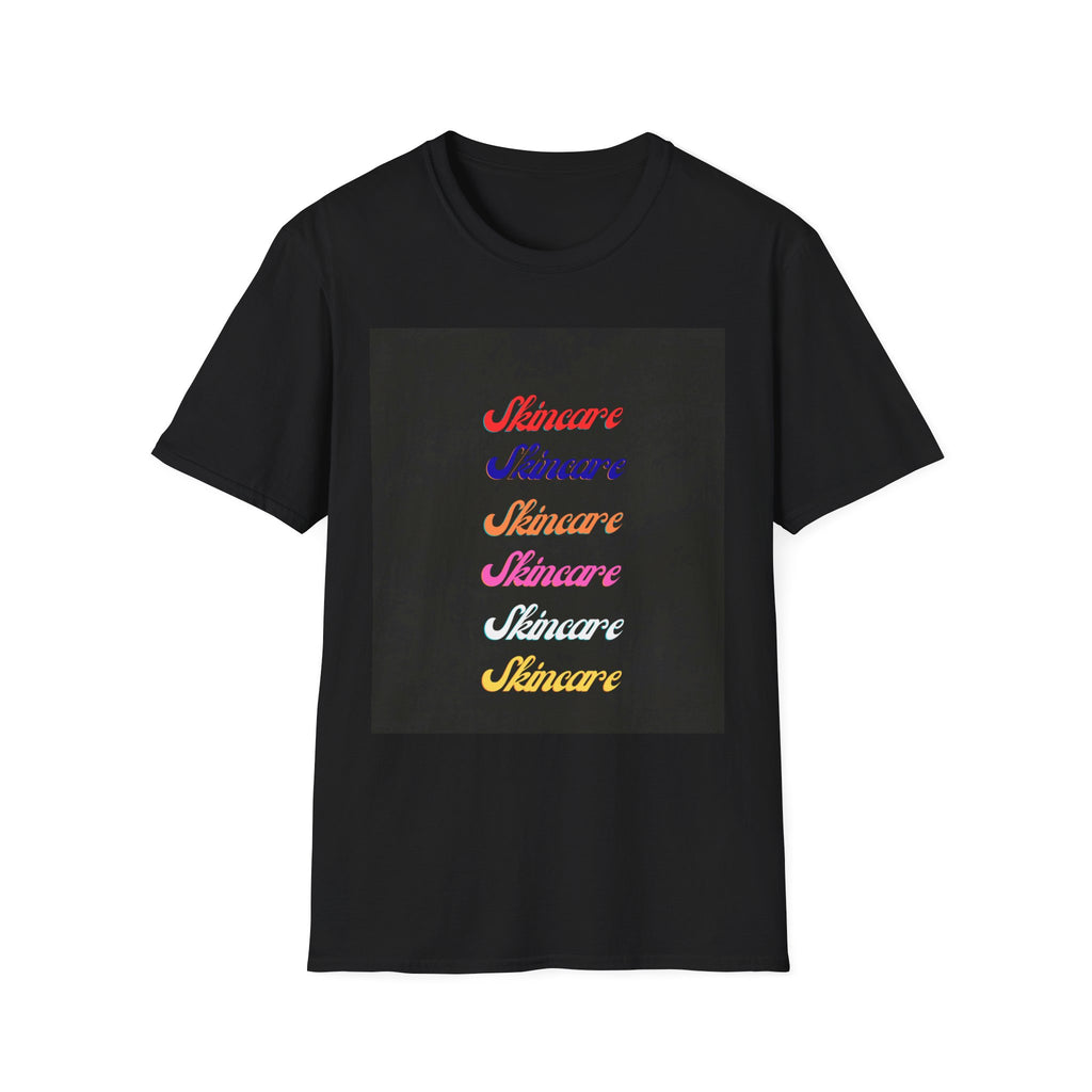 Skincare Retro Script Tee — Colorful Repeated Logo T-Shirt