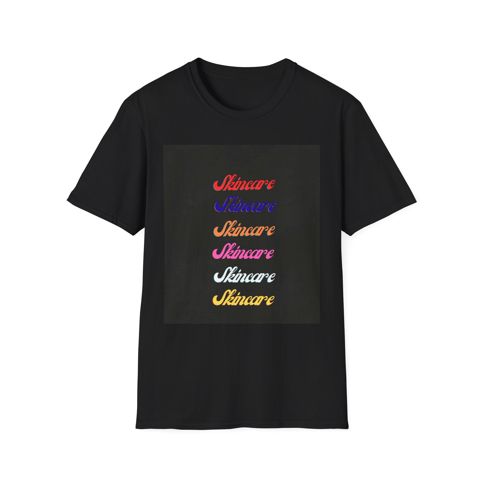Skincare Retro Script Tee — Colorful Repeated Logo T-Shirt
