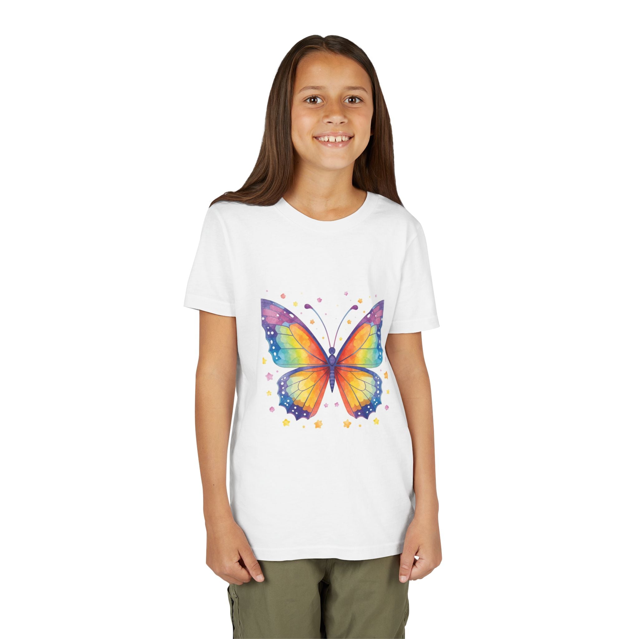Kids Rainbow Butterfly Tee — "Art with Heart" Youth Short Sleeve Shirt