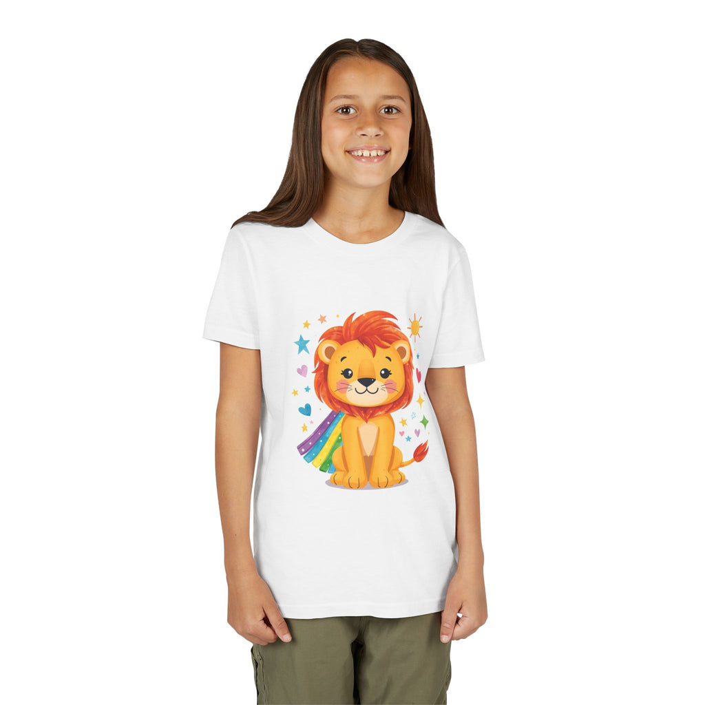 Kids Lion Rainbow Cape T‑Shirt — Cute Brave Lion Graphic Tee for Boys & Girls