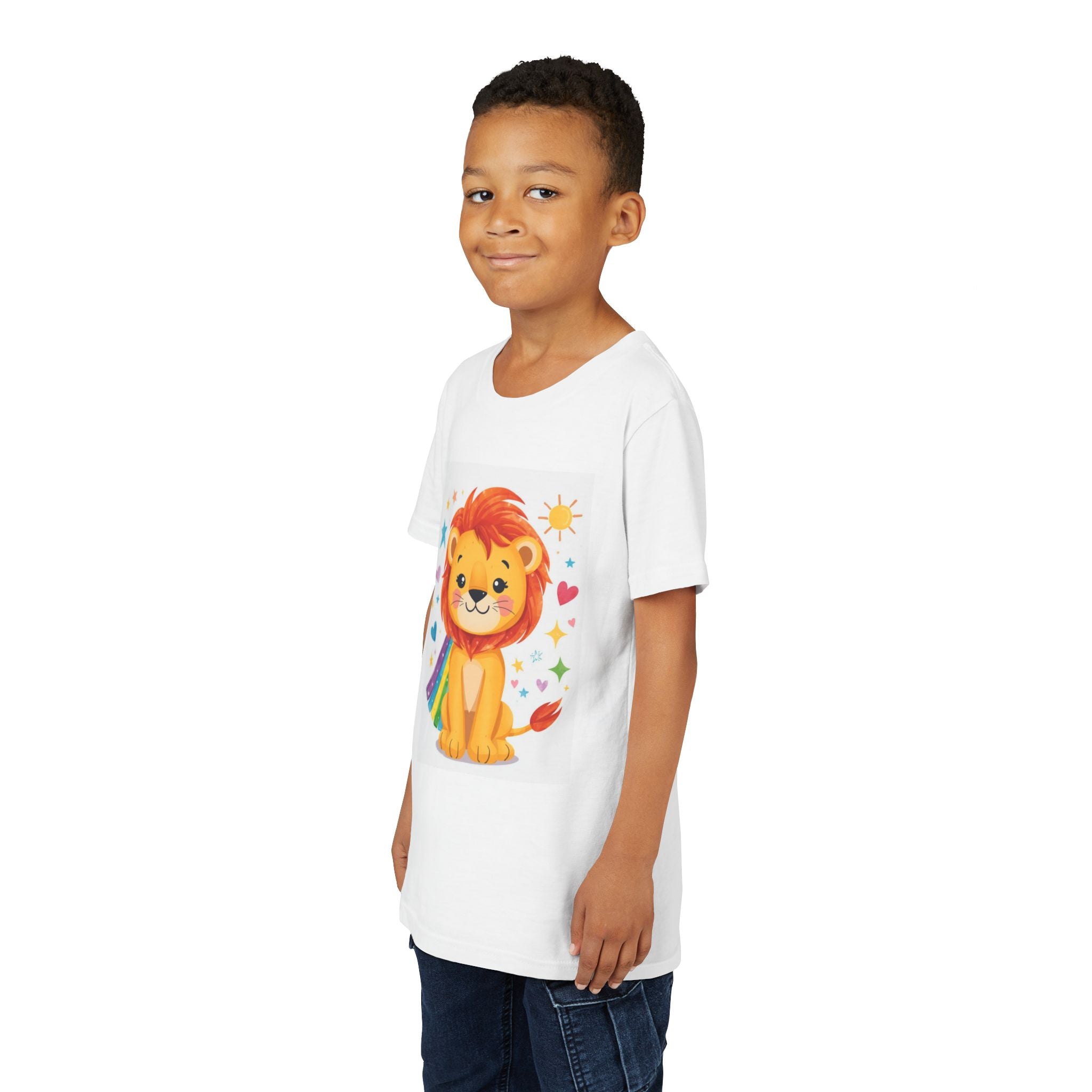 Kids Lion Rainbow Cape T‑Shirt — Cute Brave Lion Graphic Tee for Boys & Girls