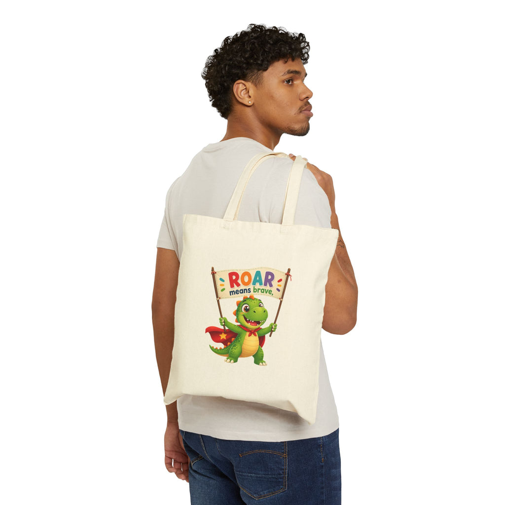 Tote Bag — "Roar Means Brave" Cute Dinosaur Kids Canvas Tote