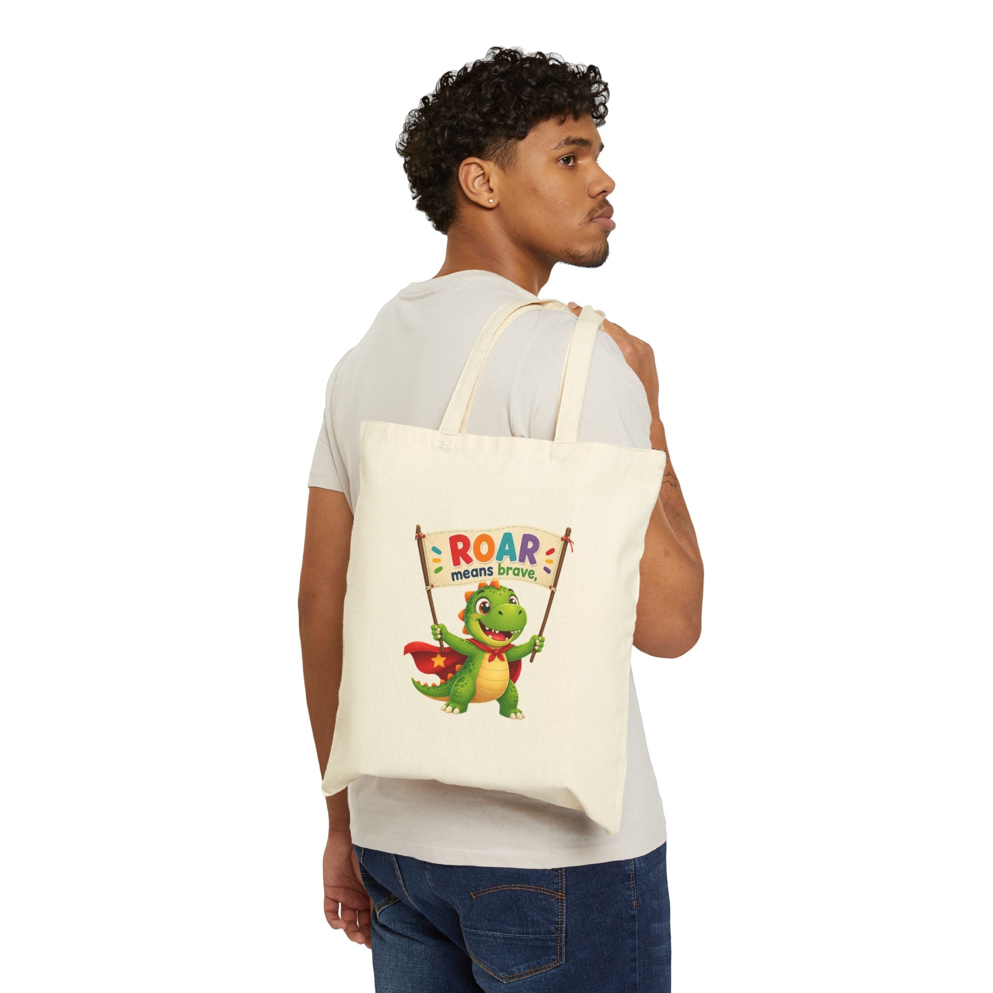Tote Bag — "Roar Means Brave" Cute Dinosaur Kids Canvas Tote