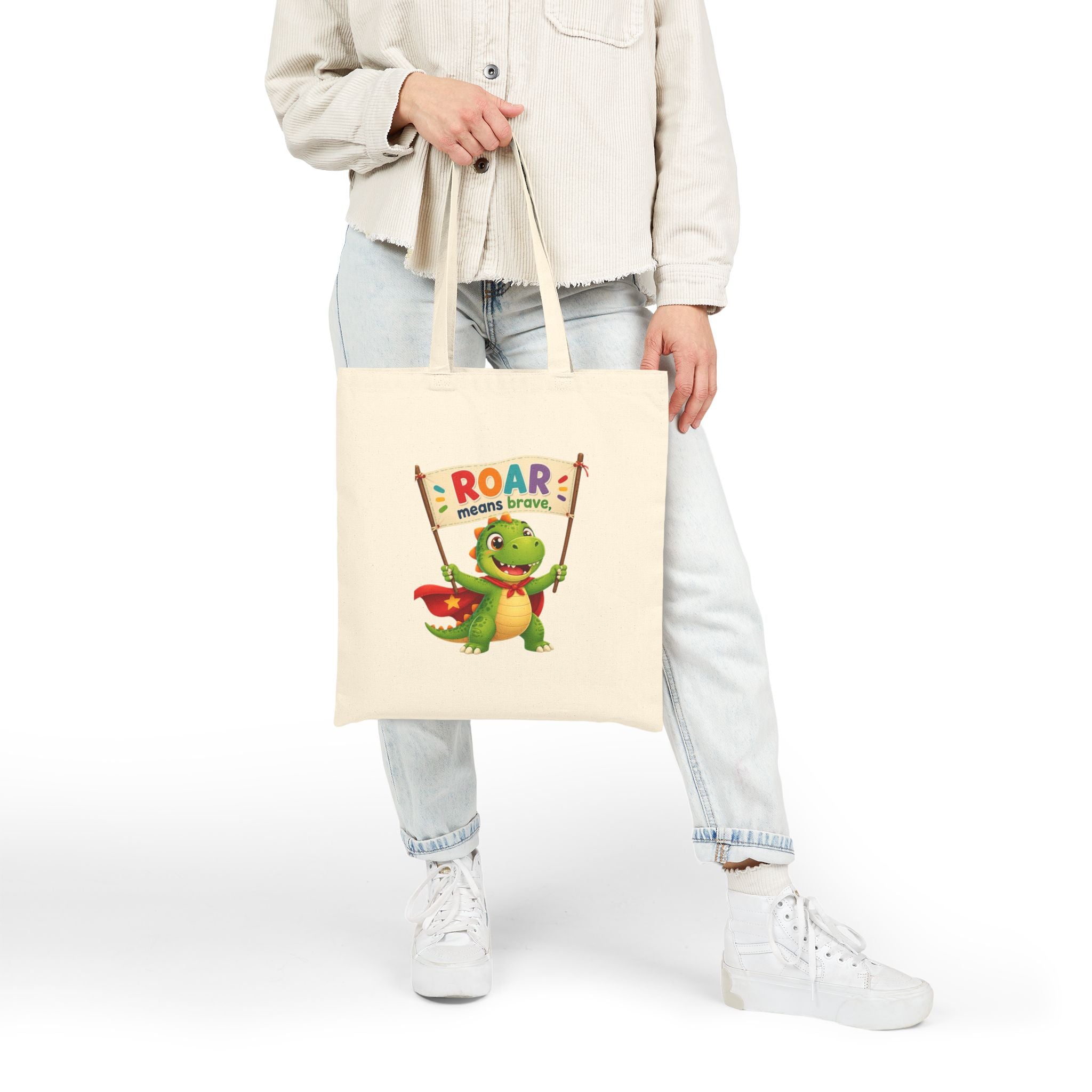 Tote Bag — "Roar Means Brave" Cute Dinosaur Kids Canvas Tote