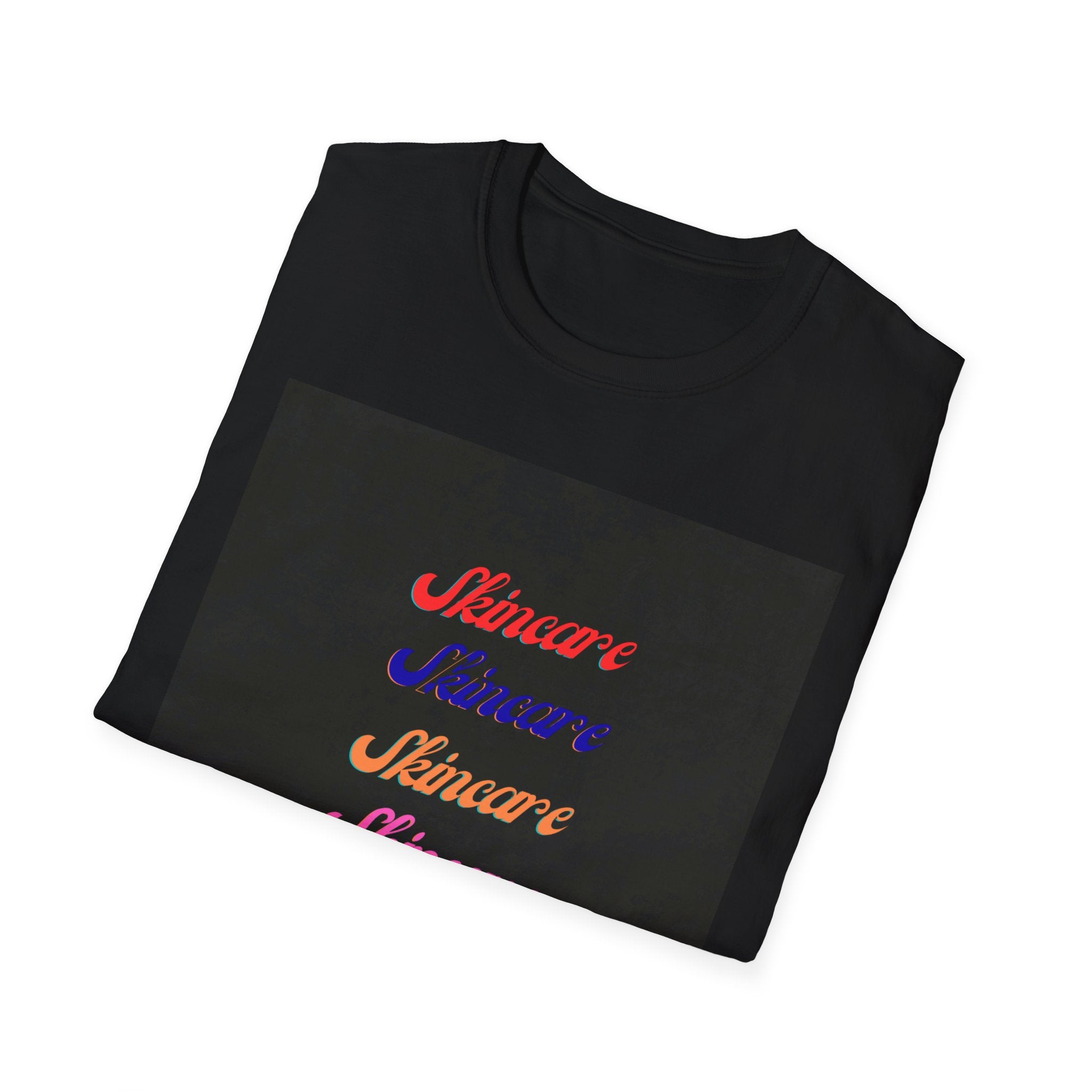 Skincare Retro Script Tee — Colorful Repeated Logo T-Shirt