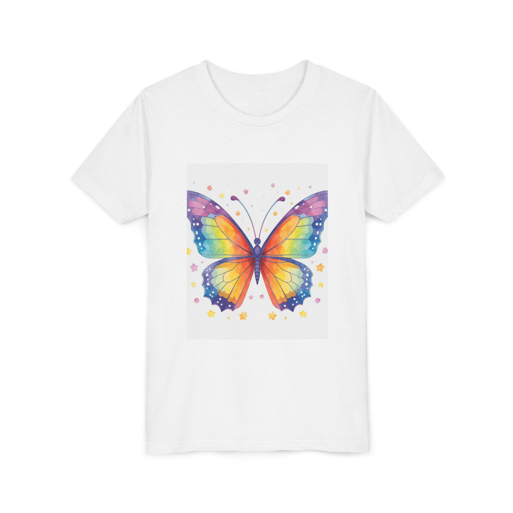 Kids Rainbow Butterfly Tee — "Art with Heart" Youth Short Sleeve Shirt