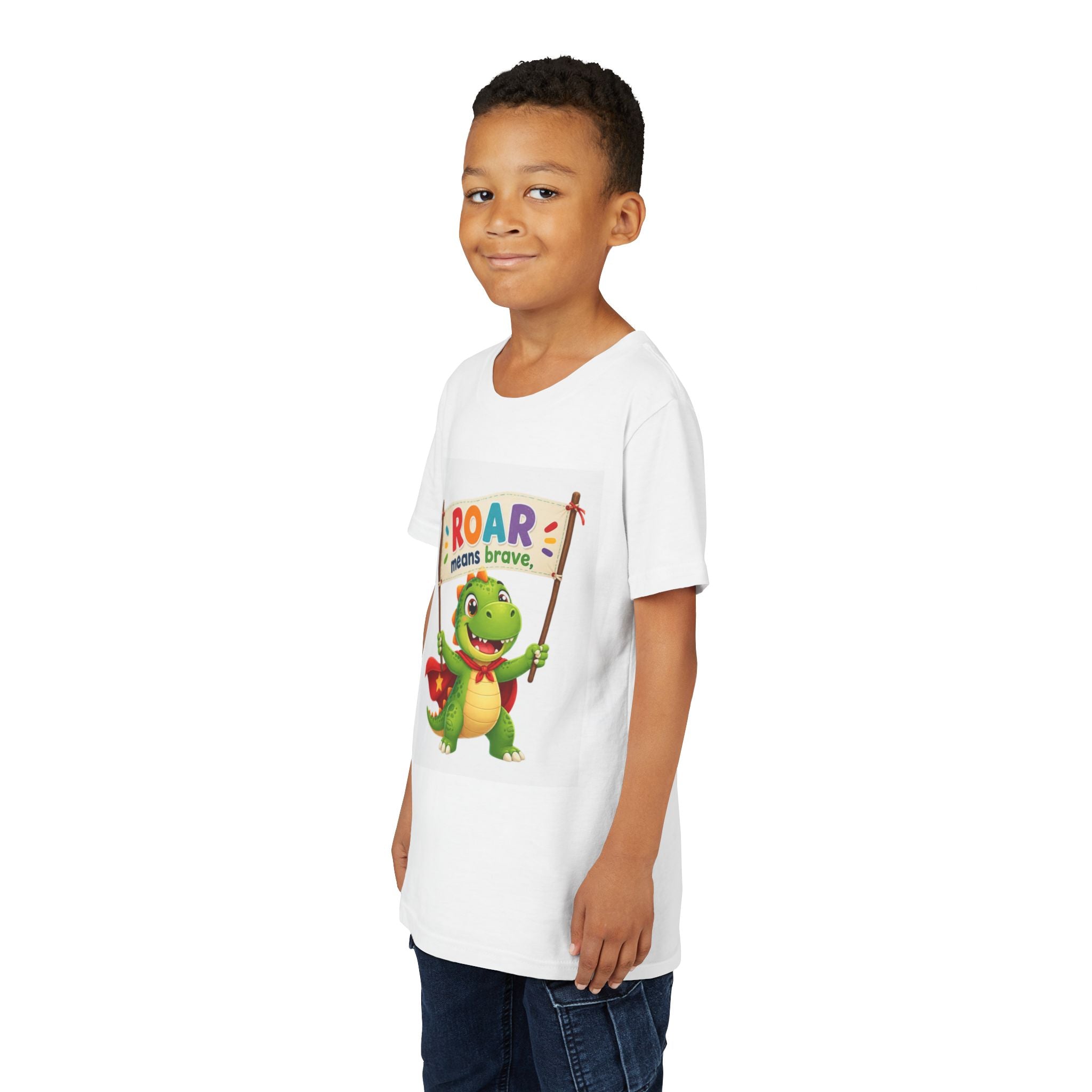 Kids Tee - 'ROAR means brave' Dinosaur Superhero Youth T-Shirt