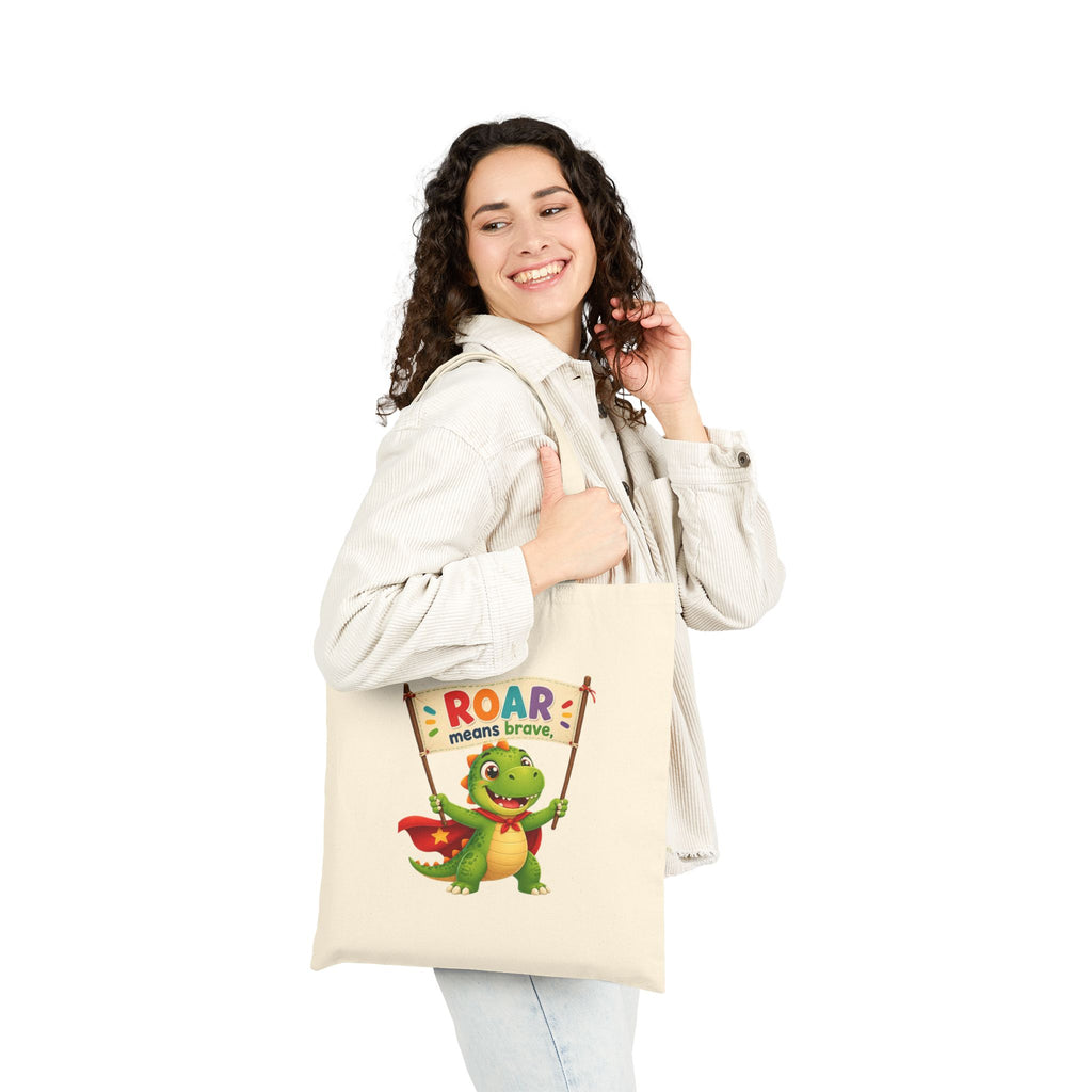 Tote Bag — "Roar Means Brave" Cute Dinosaur Kids Canvas Tote