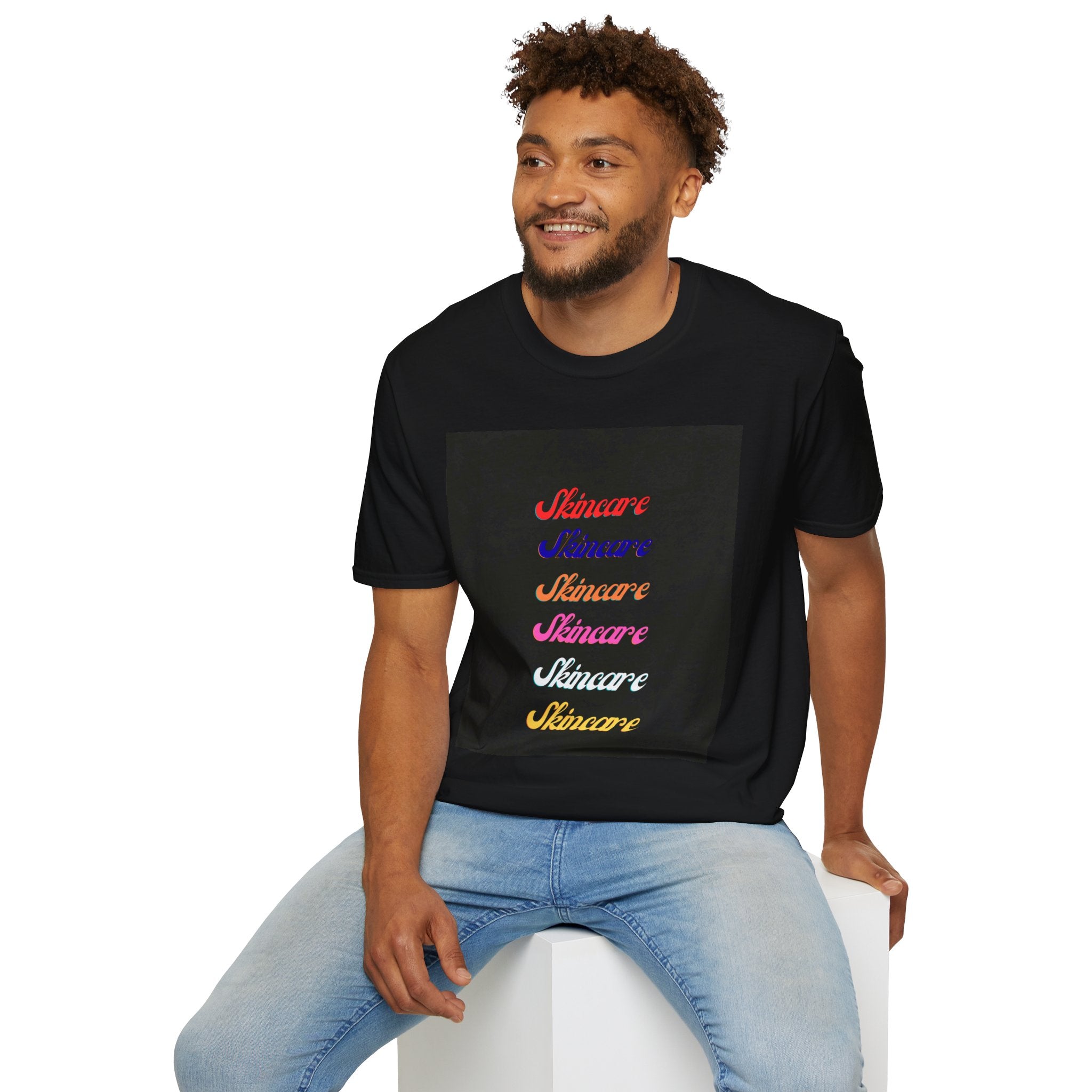 Skincare Retro Script Tee — Colorful Repeated Logo T-Shirt