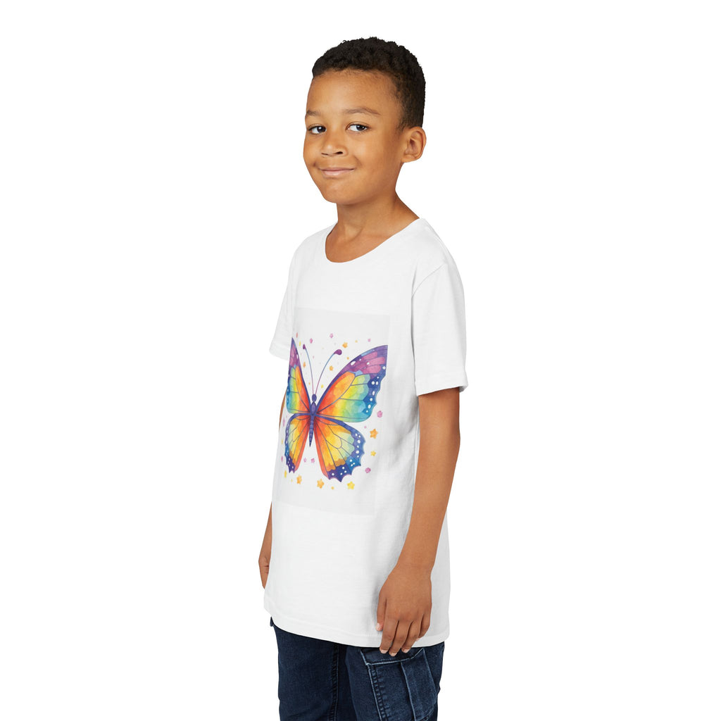 Kids Rainbow Butterfly Tee — "Art with Heart" Youth Short Sleeve Shirt