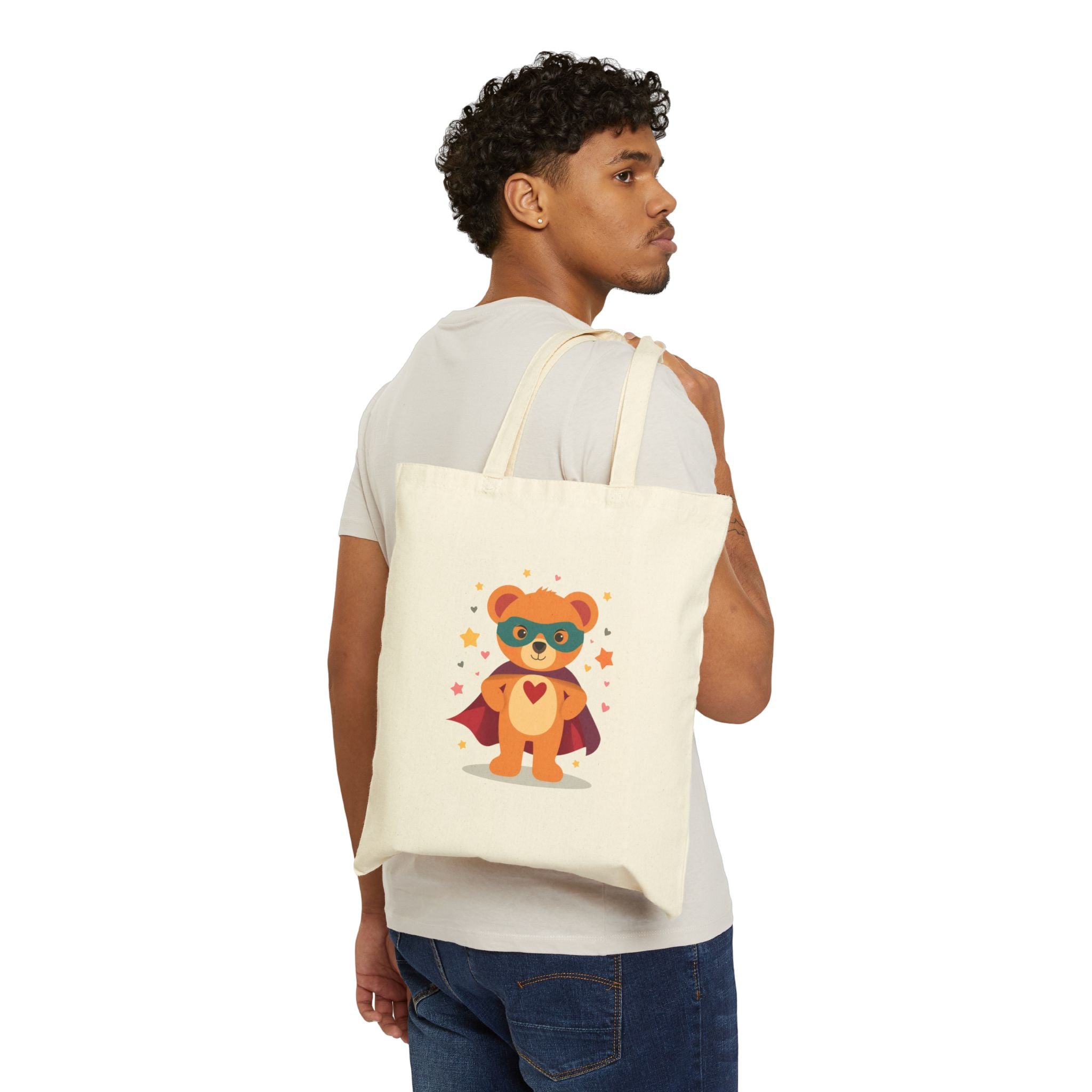 Cute Superhero Bear Tote Bag — 'Art with Heart' Cotton Canvas Shopper