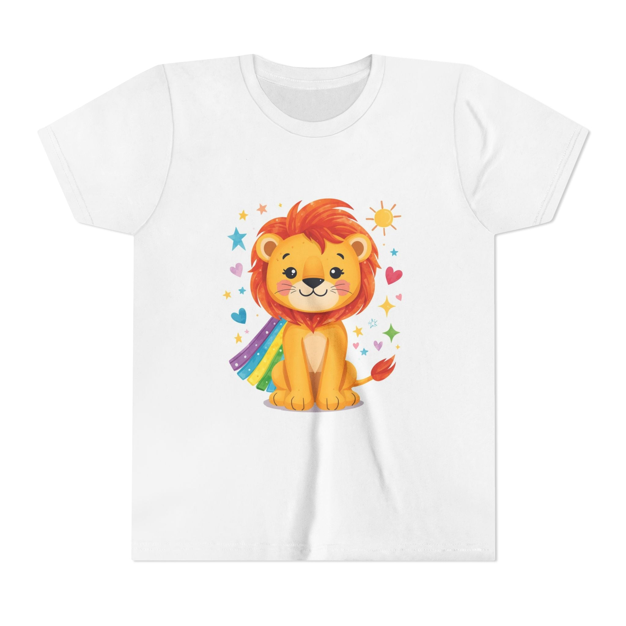 Kids Lion Rainbow Cape T‑Shirt — Cute Brave Lion Graphic Tee for Boys & Girls