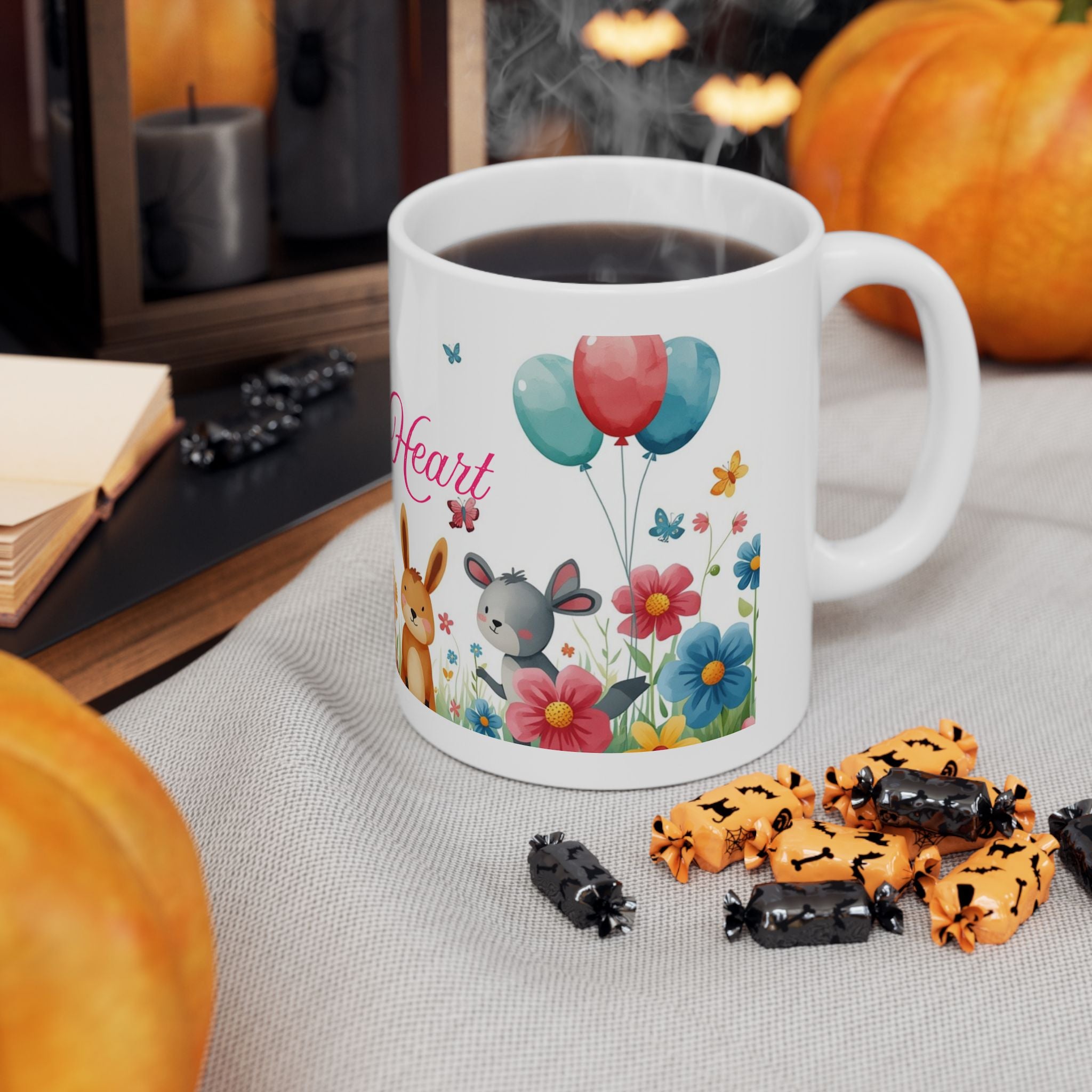Ceramic Mug - 'Art with Heart' Floral Bunny Easter Coffee Cup (11oz/15oz)