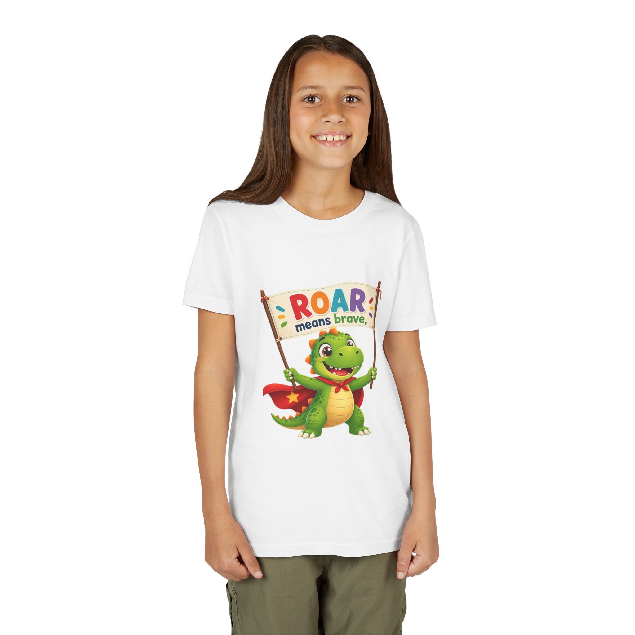 Kids Tee - 'ROAR means brave' Dinosaur Superhero Youth T-Shirt