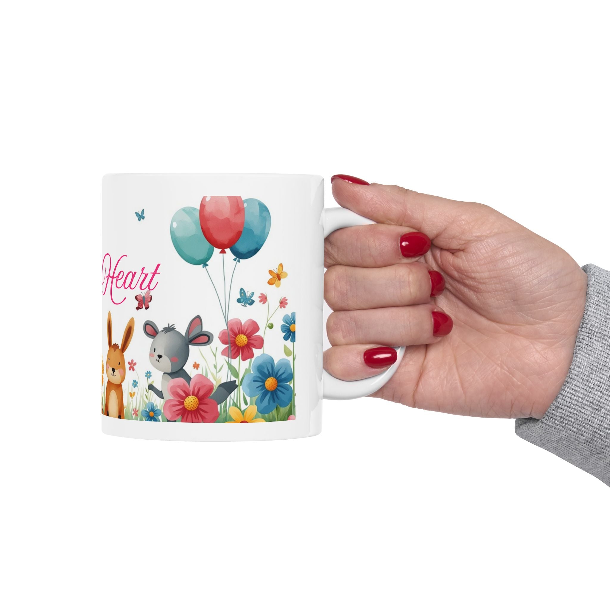 Ceramic Mug - 'Art with Heart' Floral Bunny Easter Coffee Cup (11oz/15oz)